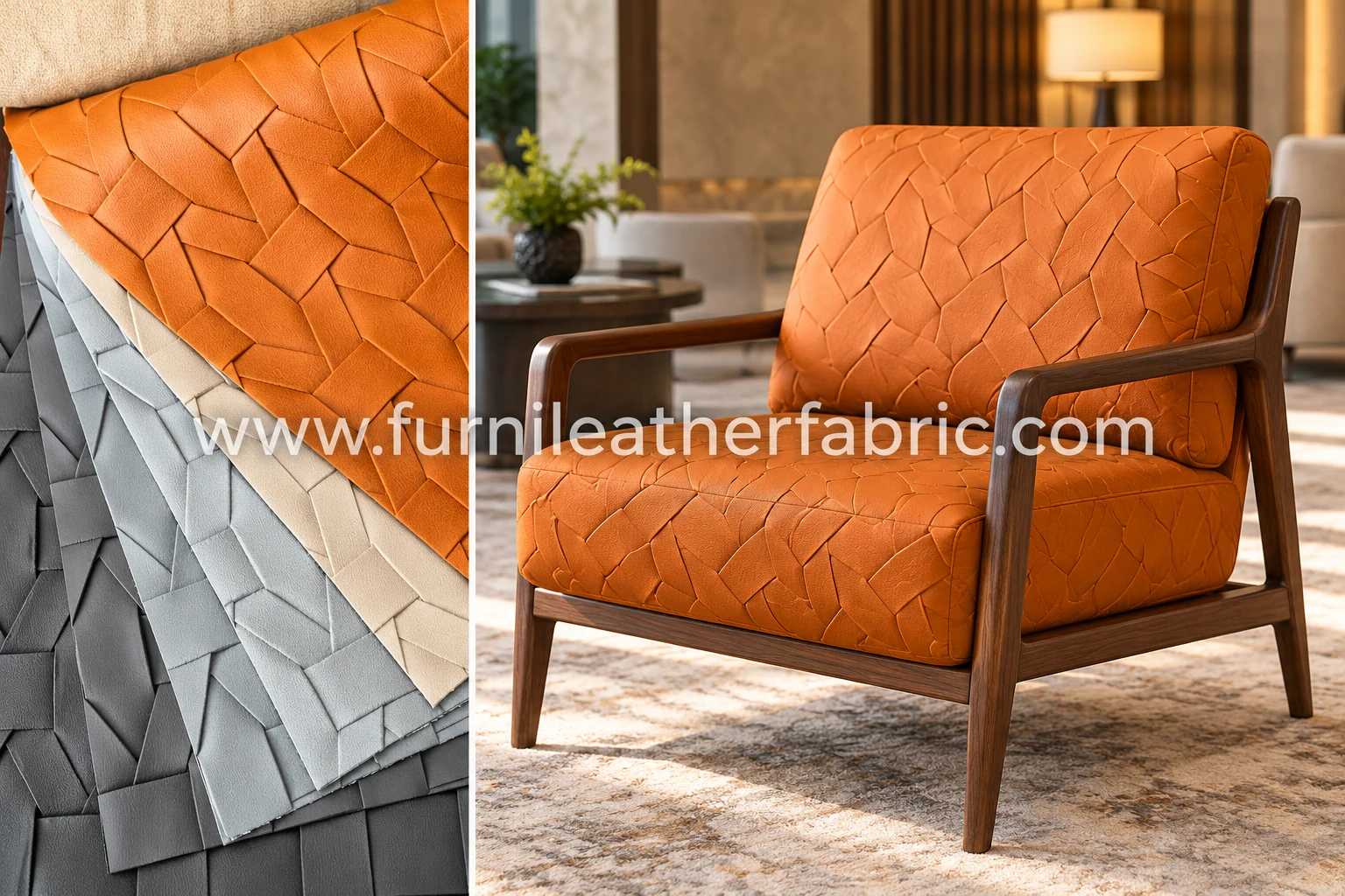 Burnt orange geometric embossed faux leather swatches and lounge chair application concept